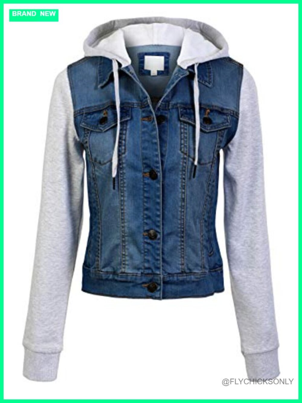 Hooded Denim Jacket Classic Button Front Chest Pockets Casual